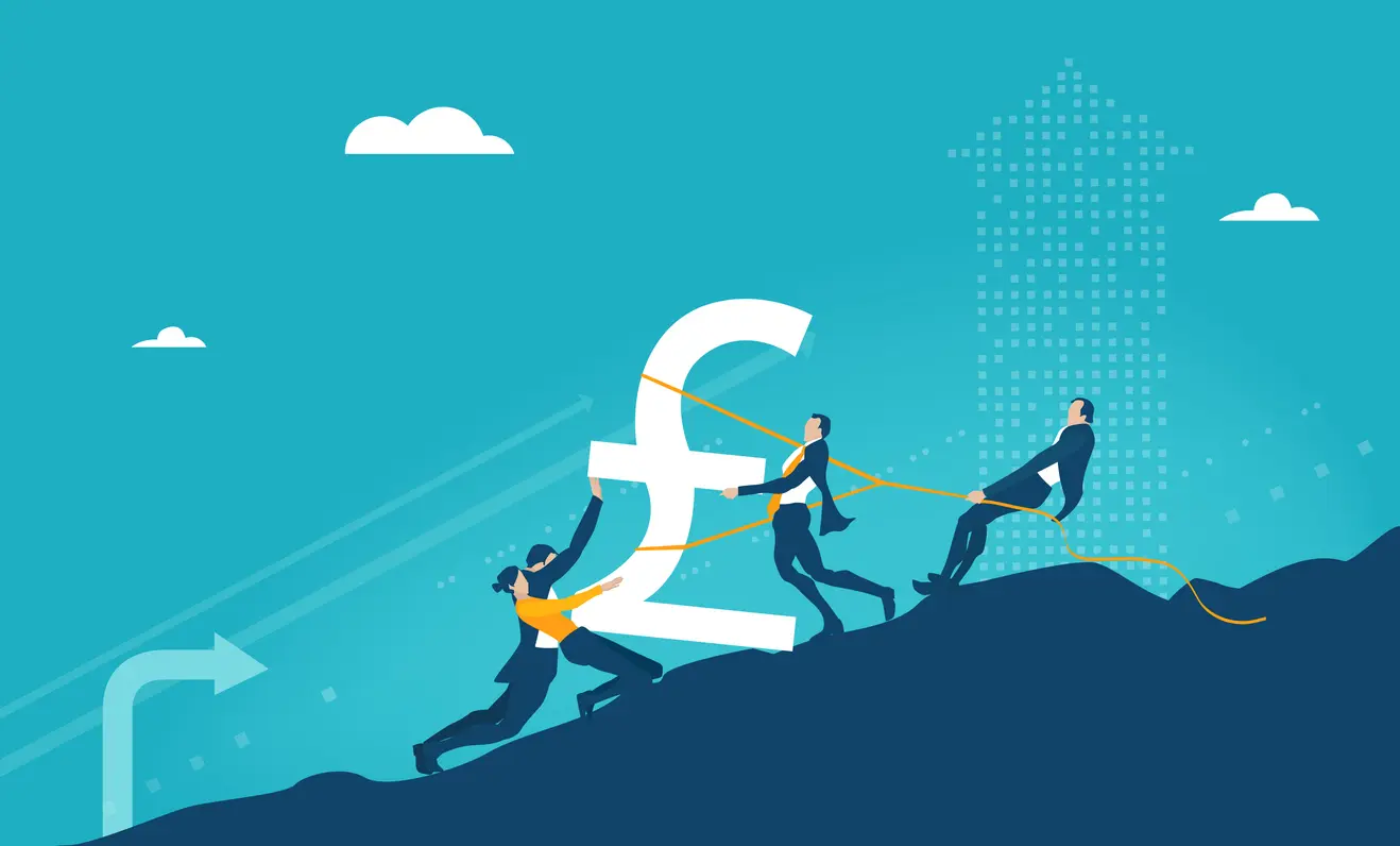 Businesspeople pulling a large pound symbol uphill