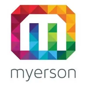 Colourful geometric “M” inside an octagonal shape with the word “myerson” below in grey.